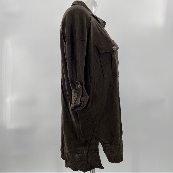 Free People NWT We the Free Penelope Buttondown Raw Trim Pockets Green Brown New - Picture 5 of 8